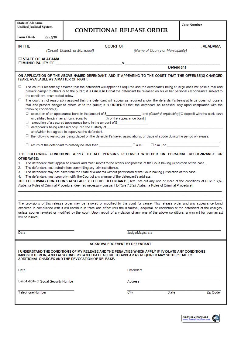 Conditions Release Order {CR-56} | Pdf Fpdf Docx | Alabama