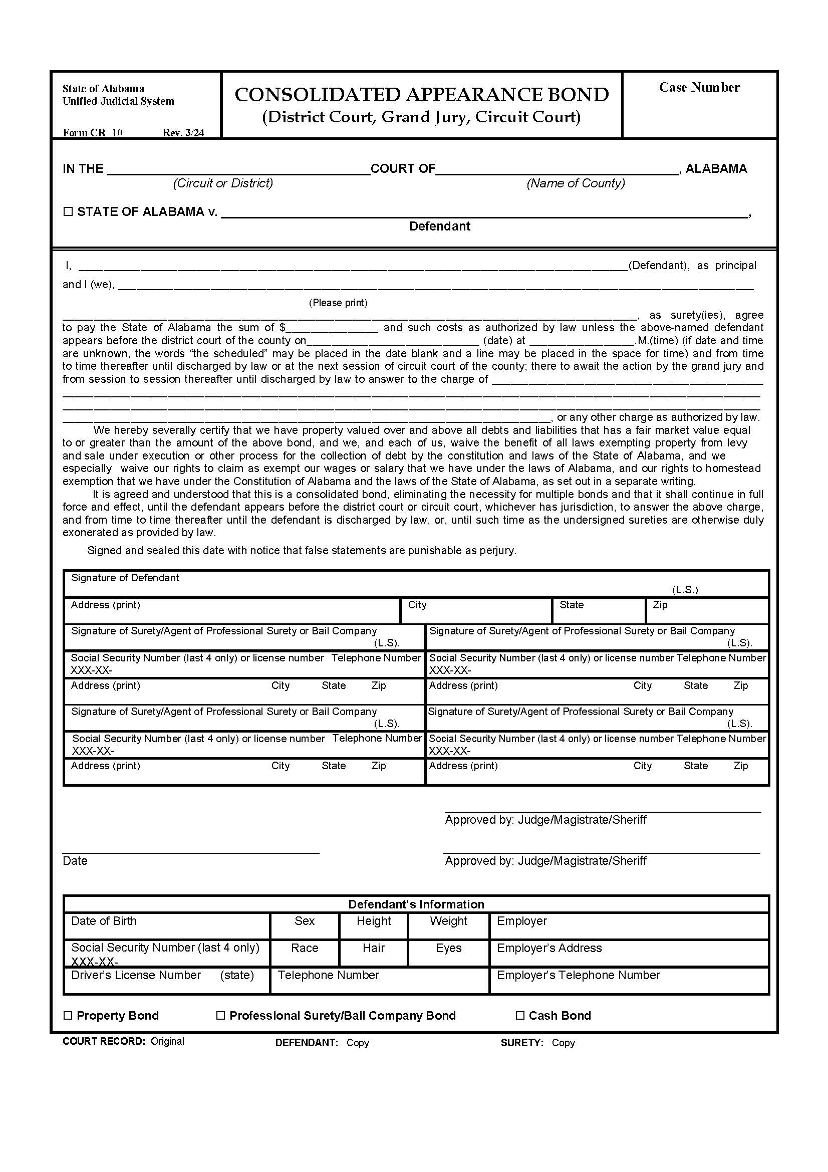 Consolidated Appearance Bond {CR-10} | Pdf Fpdf Docx | Alabama