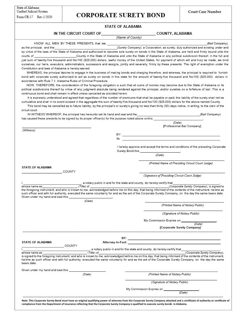 Corporate Surety Bond {CR-17} | Pdf Fpdf Doc Docx | Alabama