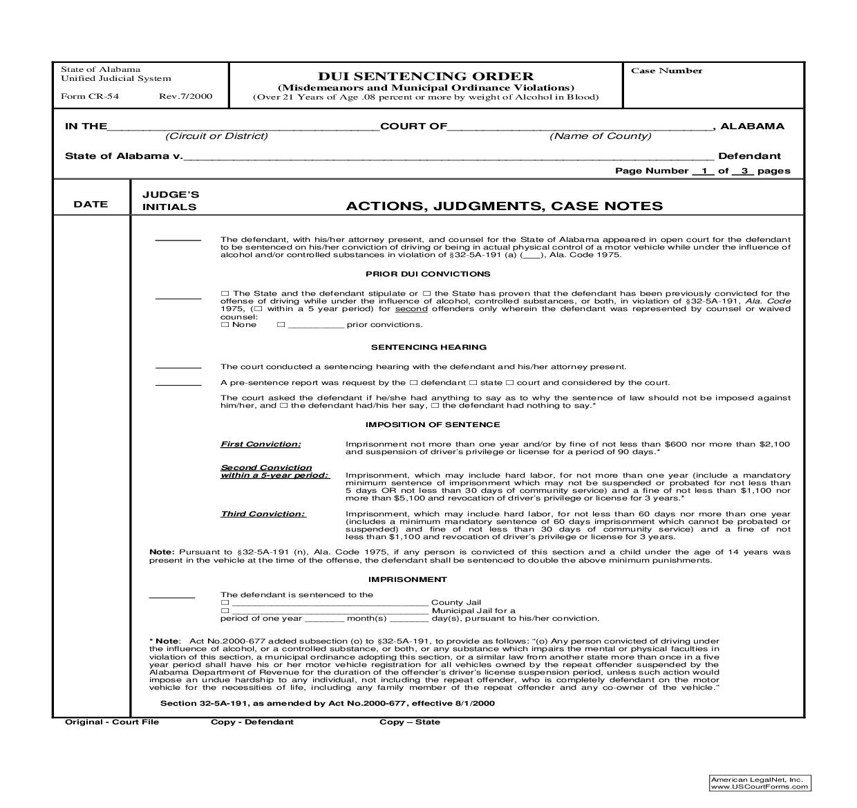 DUI - Sentencing Order (Misdemeanors And Municipal Ordinance Violations) {CR-54} | Pdf Fpdf Doc Docx | Alabama