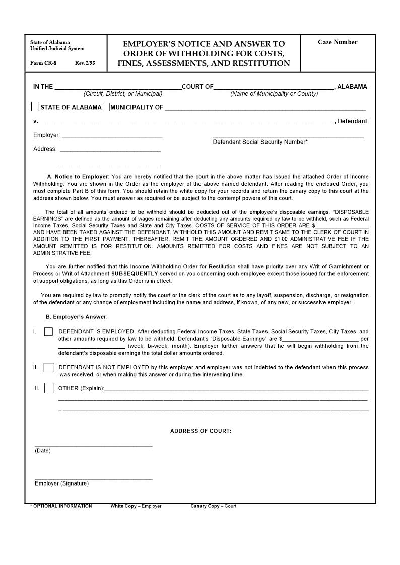 Employers Notice And Answer To Order Of Withholding For Costs Fines Assessments And Restitution {CR-08} | Pdf Fpdf Doc Docx | Alabama