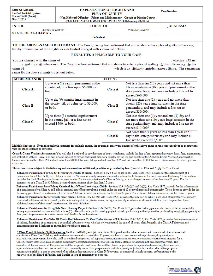 Explanation Of Rights And Plea Of Guilty For Non Habitual Offender {CR-51} | Pdf Fpdf Docx | Alabama