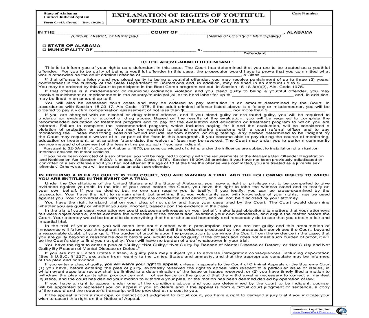 Explanation Of Rights Of Youthful Offender And Plea Of Guilty {C44A - C44B} | Pdf Fpdf Doc Docx | Alabama