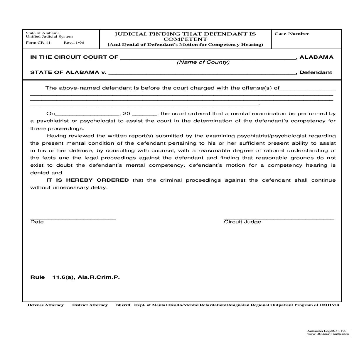 Judicial Finding That Defendant Is Competent (And Denial Of Defendants Motion For Competency Hearing) {CR-41} | Pdf Fpdf Doc Docx | Alabama