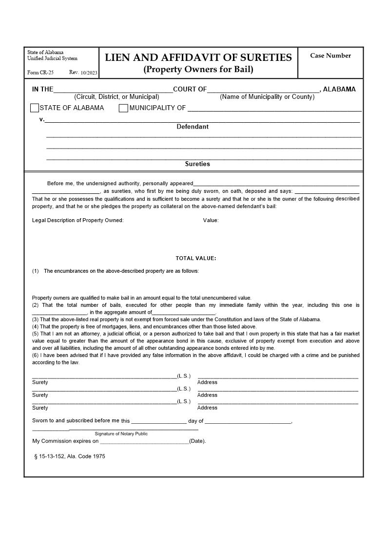 Lien And Affidavit Of Sureties (Property Owners For Bail) {CR-25} | Pdf Fpdf Doc Docx | Alabama