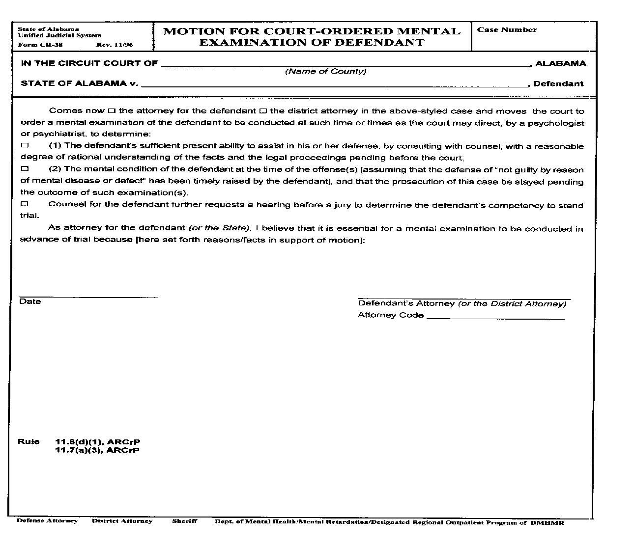 Motion For Court Ordered Mental Examination Of Defendant {CR-38} | Pdf Fpdf Doc Docx | Alabama