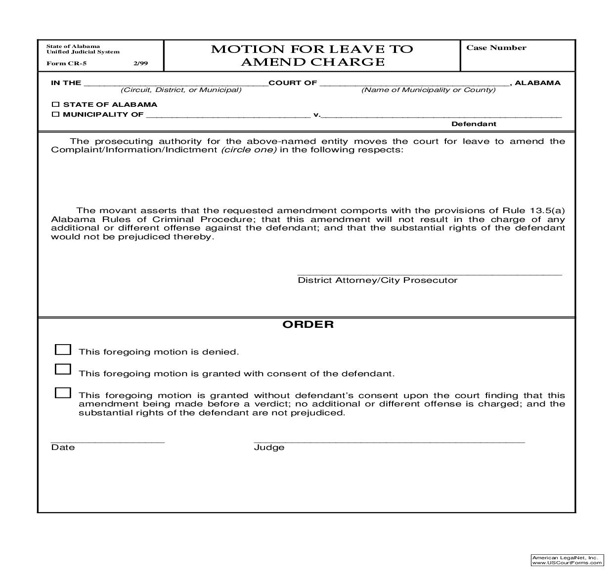 Motion For Leave To Amend Charge {CR-05} | Pdf Fpdf Doc Docx | Alabama