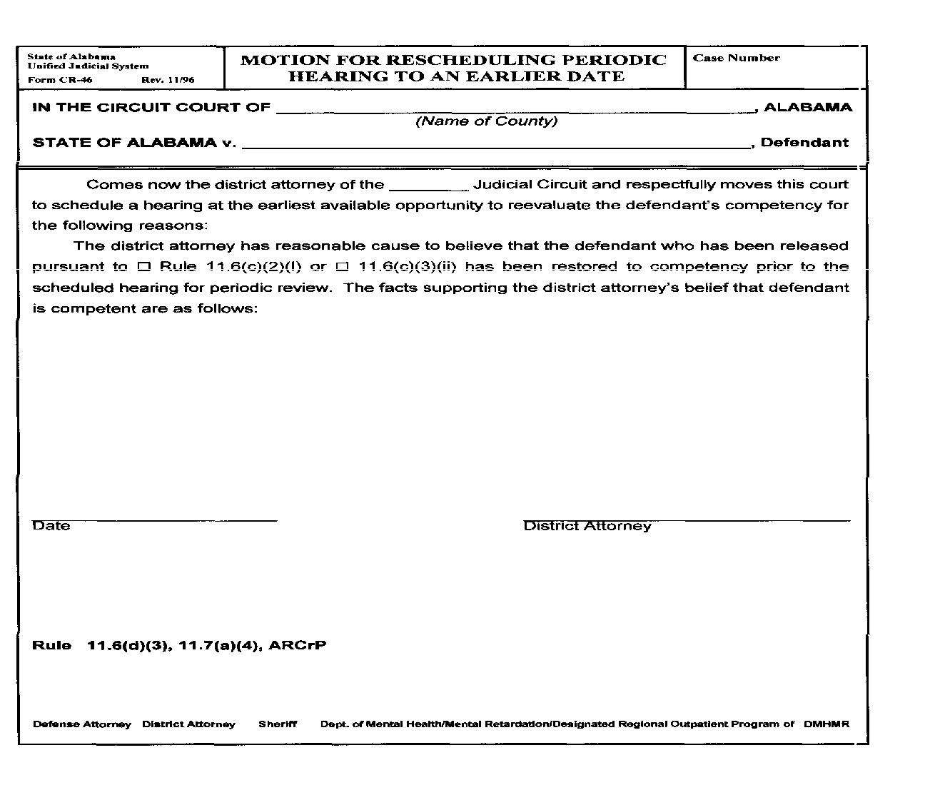 Motion For Rescheduling Periodic Hearing To Earlier Date {CR-46} | Pdf Fpdf Doc Docx | Alabama