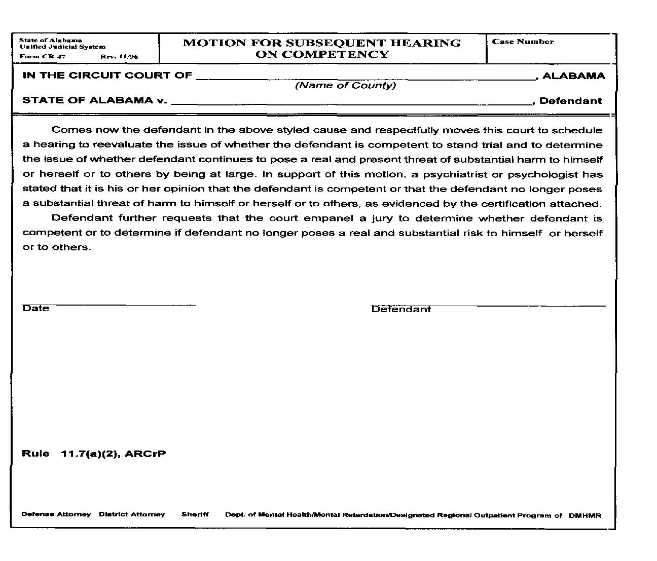 Motion For Subsequent Hearing On Competency {CR-47} | Pdf Fpdf Doc Docx | Alabama