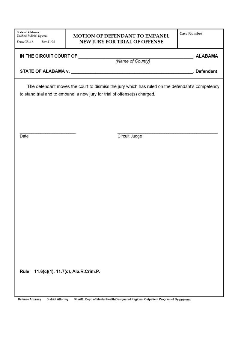 Motion Of Defendant To Empanel New Jury For Trial Of Offense {CR-42} | Pdf Fpdf Doc Docx | Alabama