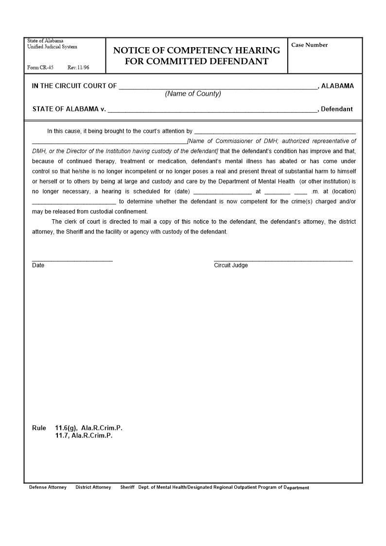 Notice Of Competency Hearing For Committed Defendant {CR-45} | Pdf Fpdf Doc Docx | Alabama