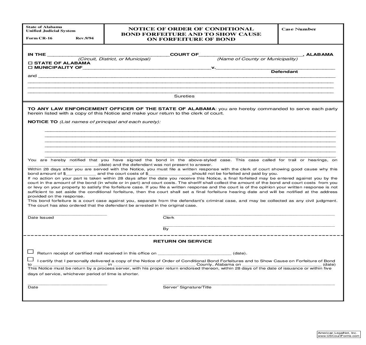 Notice Of Order Of Conditional Bond Forfeiture And To Show Cause On Forfeiture Of Bond {CR-16} | Pdf Fpdf Doc Docx | Alabama