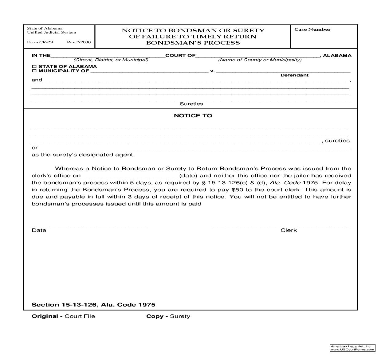 Notice To Bondsman Or Surety Of Failure To Timely Return Bondsmans Process {CR-29} | Pdf Fpdf Doc Docx | Alabama