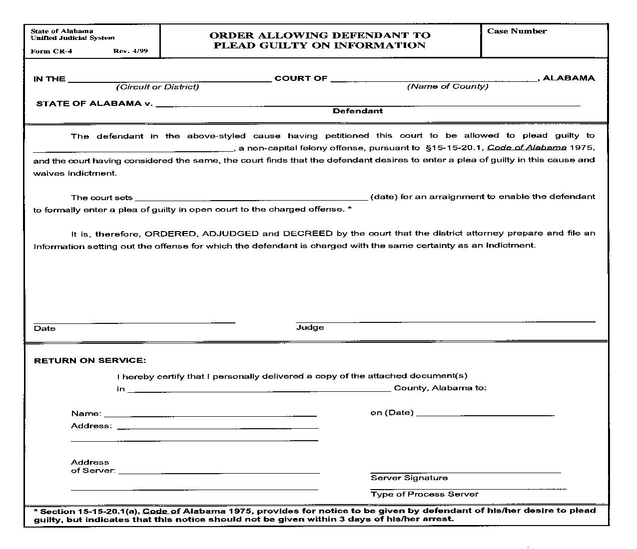 Order Allowing Defendant To Plead Guilty On Information {CR-04} | Pdf Fpdf Doc Docx | Alabama