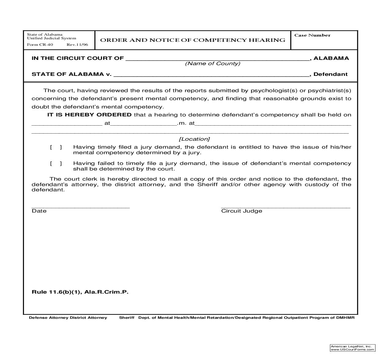 Order And Notice Of Competency Hearing {CR-40} | Pdf Fpdf Doc Docx | Alabama