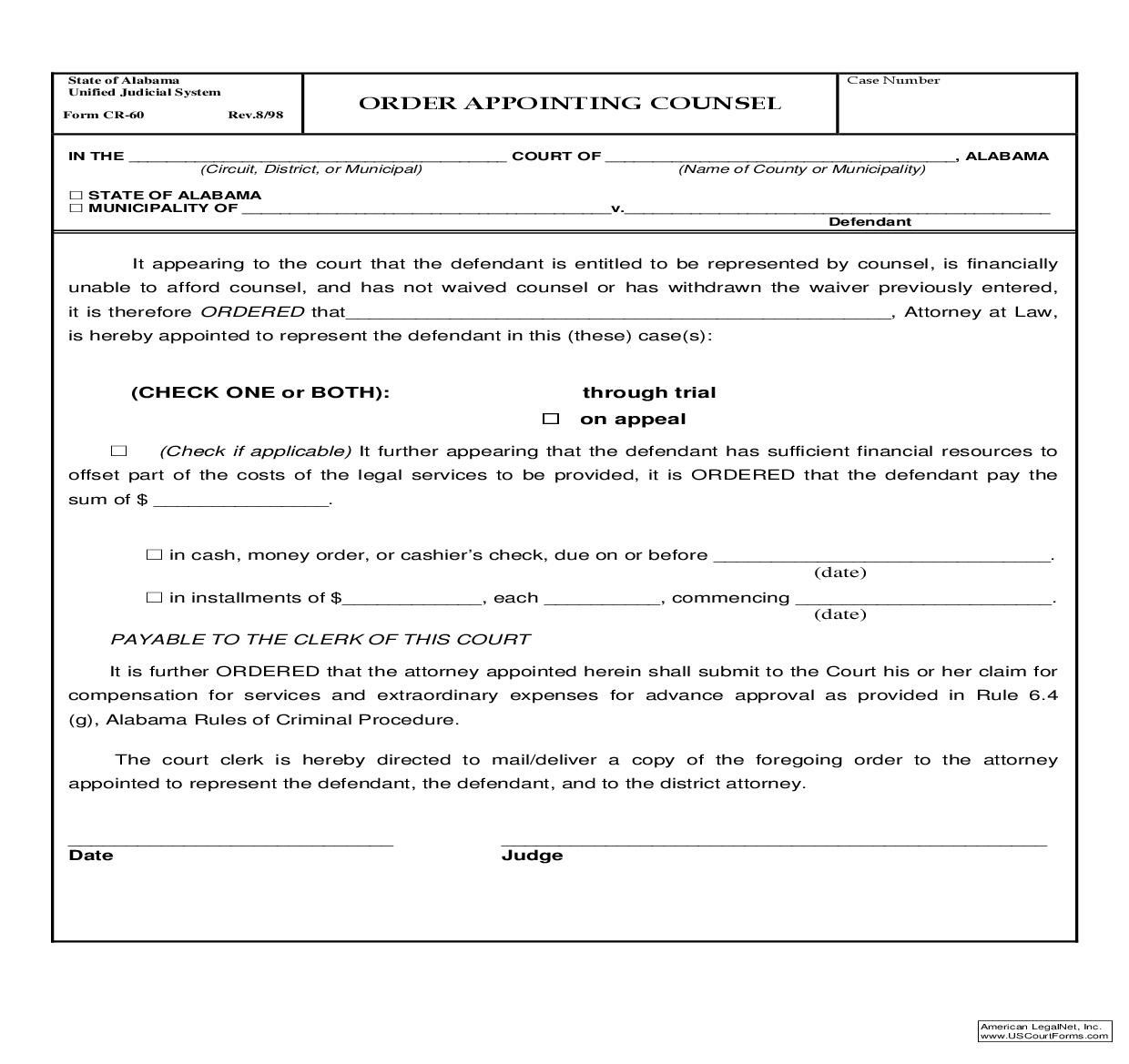 Order Appointing Counsel {CR-60} | Pdf Fpdf Doc Docx | Alabama