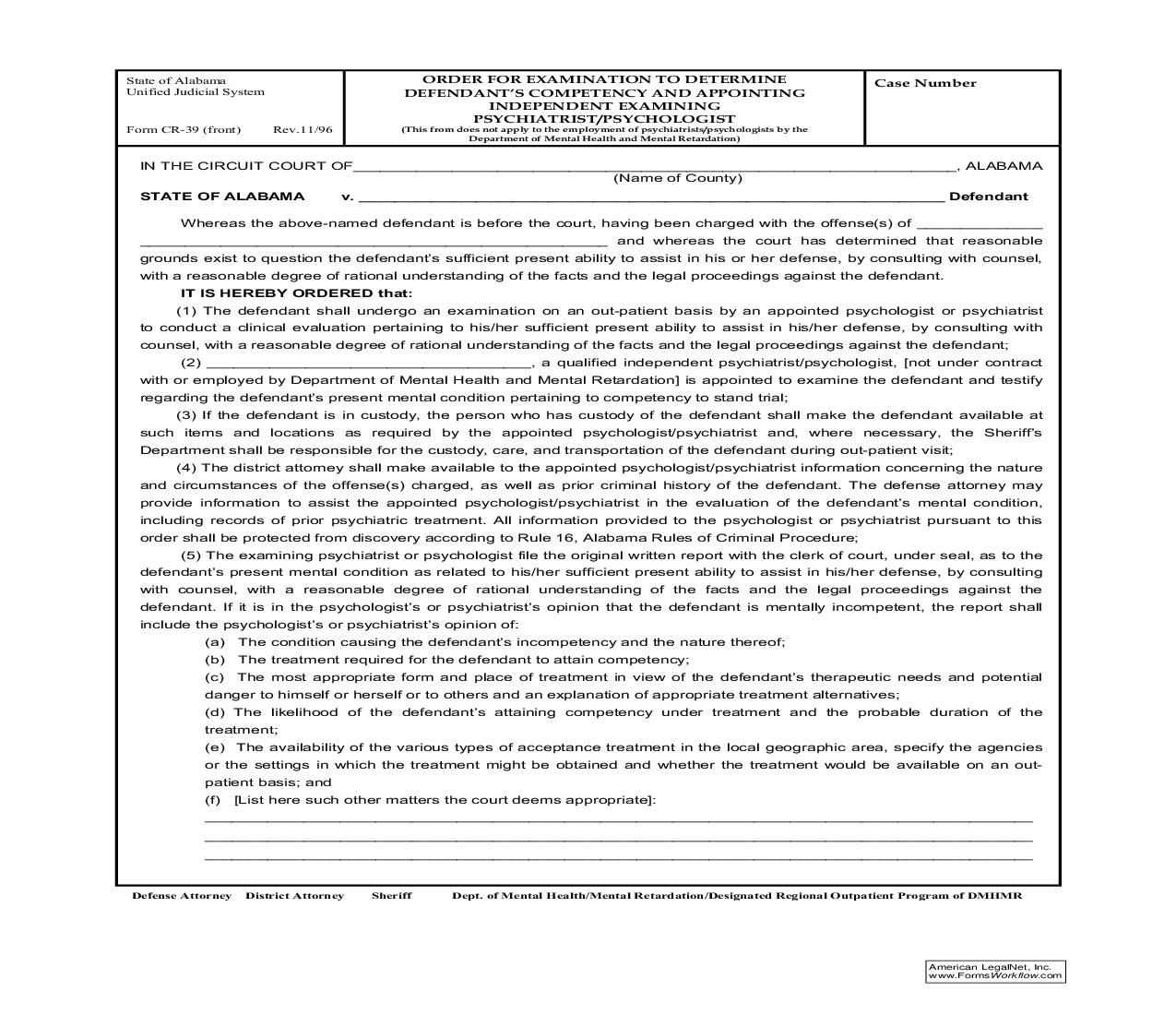 Order For Examination To Determine Defendants Competency {CR-39} | Pdf Fpdf Doc Docx | Alabama