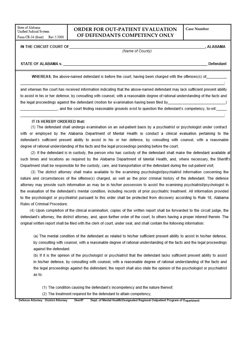 Order For Out-Patient Evaluation Of Defendants Competency Only {CR-34} | Pdf Fpdf Doc Docx | Alabama