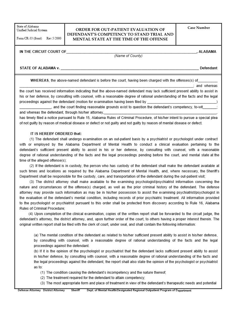 Order For Out-Patient Evaluation Of Defendants Competency To Stand Trial And Mental State At The Time Of The Offense {CR-33} | Pdf Fpdf Doc Docx | Alabama