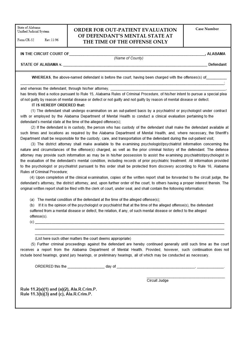 Order For Out-Patient Evaluation Of Defendants Mental State At The Time Of The Offense Only {CR-32} | Pdf Fpdf Doc Docx | Alabama