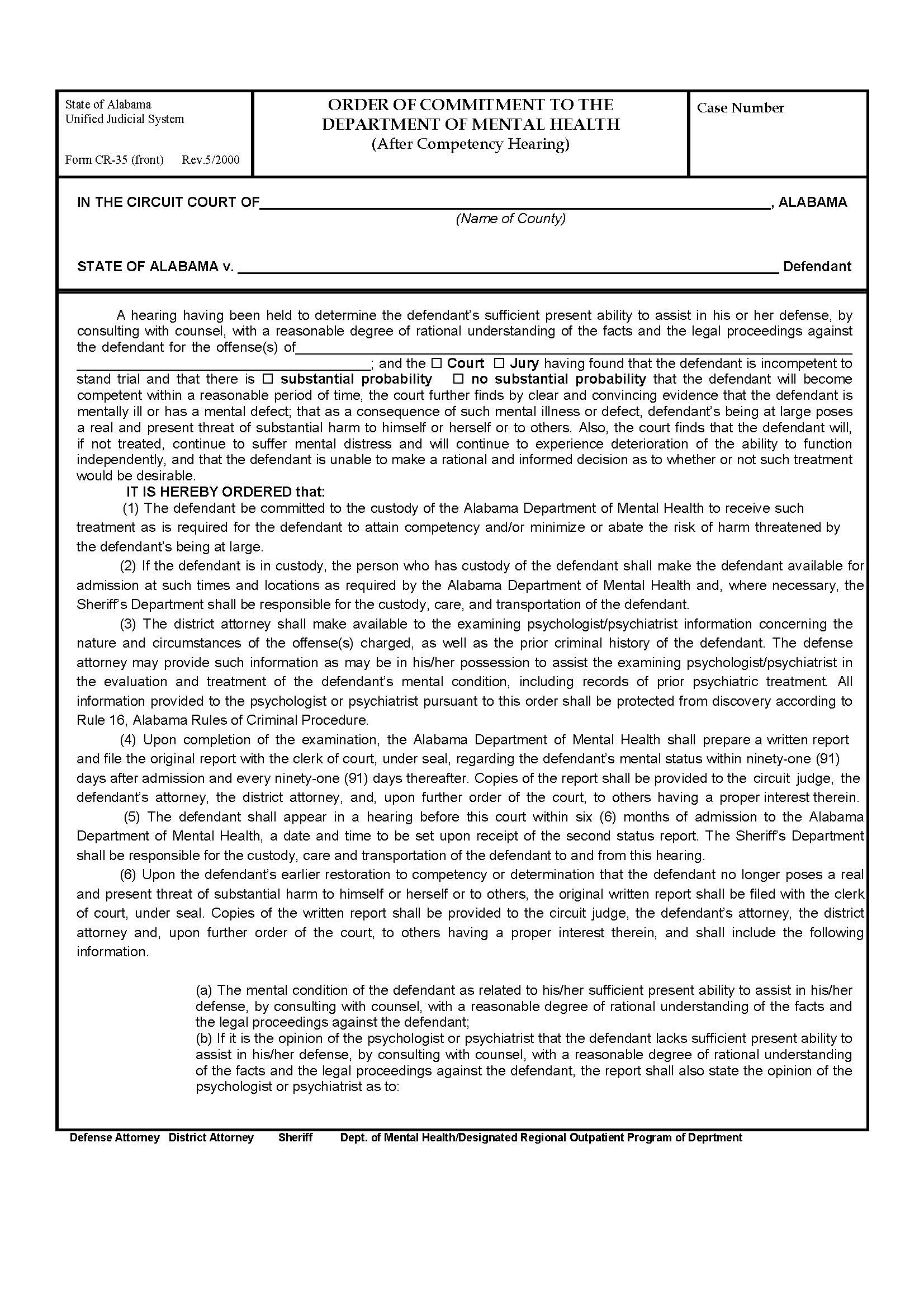 Order Of Commitment To The Department Of Mental Health {CR-35} | Pdf Fpdf Doc Docx | Alabama