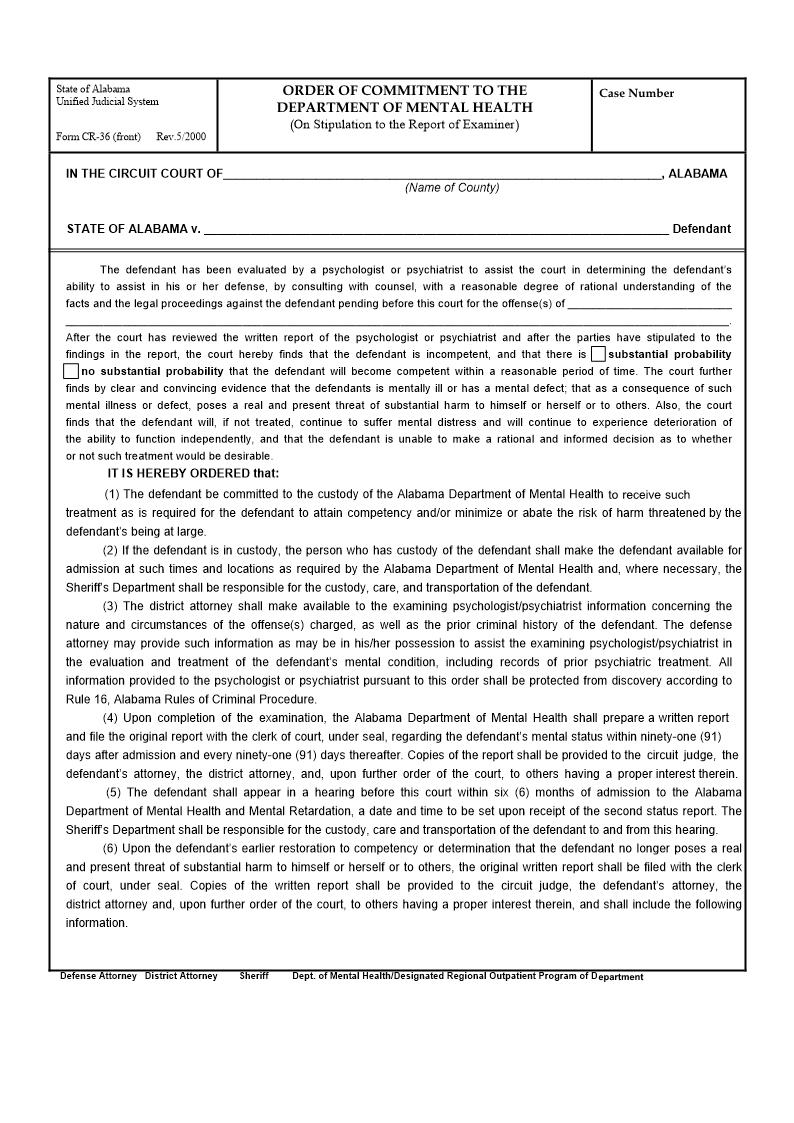 Order Of Commitment To The Department Of Mental Health And Mental Retardation (On Stipulation To The Report Of Examiner) {CR-36} | Pdf Fpdf Doc Docx | Alabama