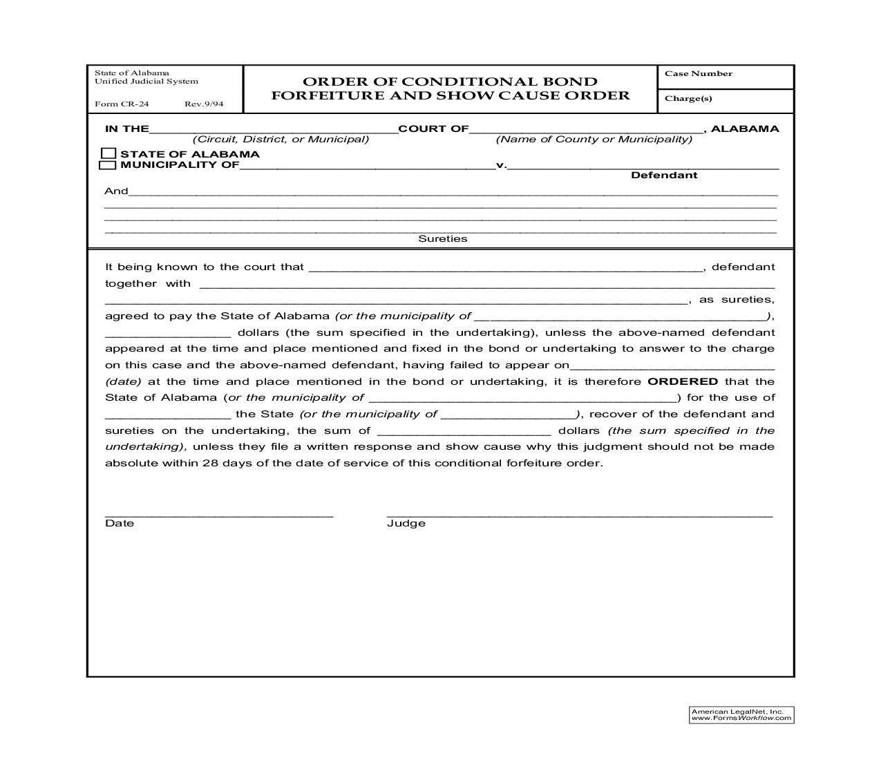 Order Of Conditional Bond Forfeiture And Show Cause Order {CR-24} | Pdf Fpdf Doc Docx | Alabama