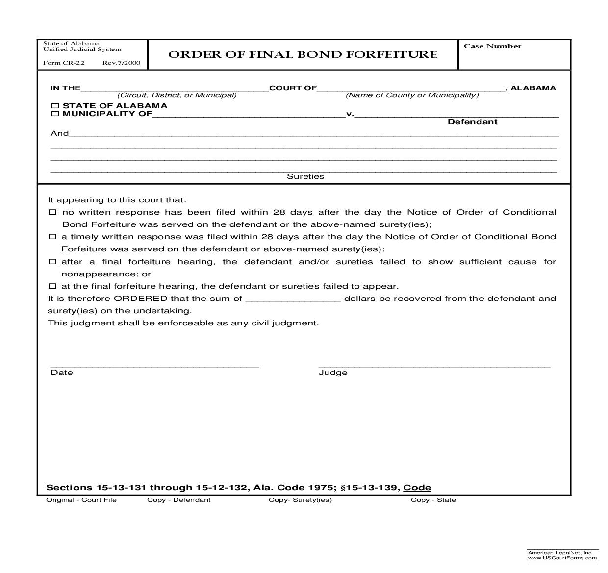 Order Of Final Bond Forfeiture {CR-22} | Pdf Fpdf Doc Docx | Alabama