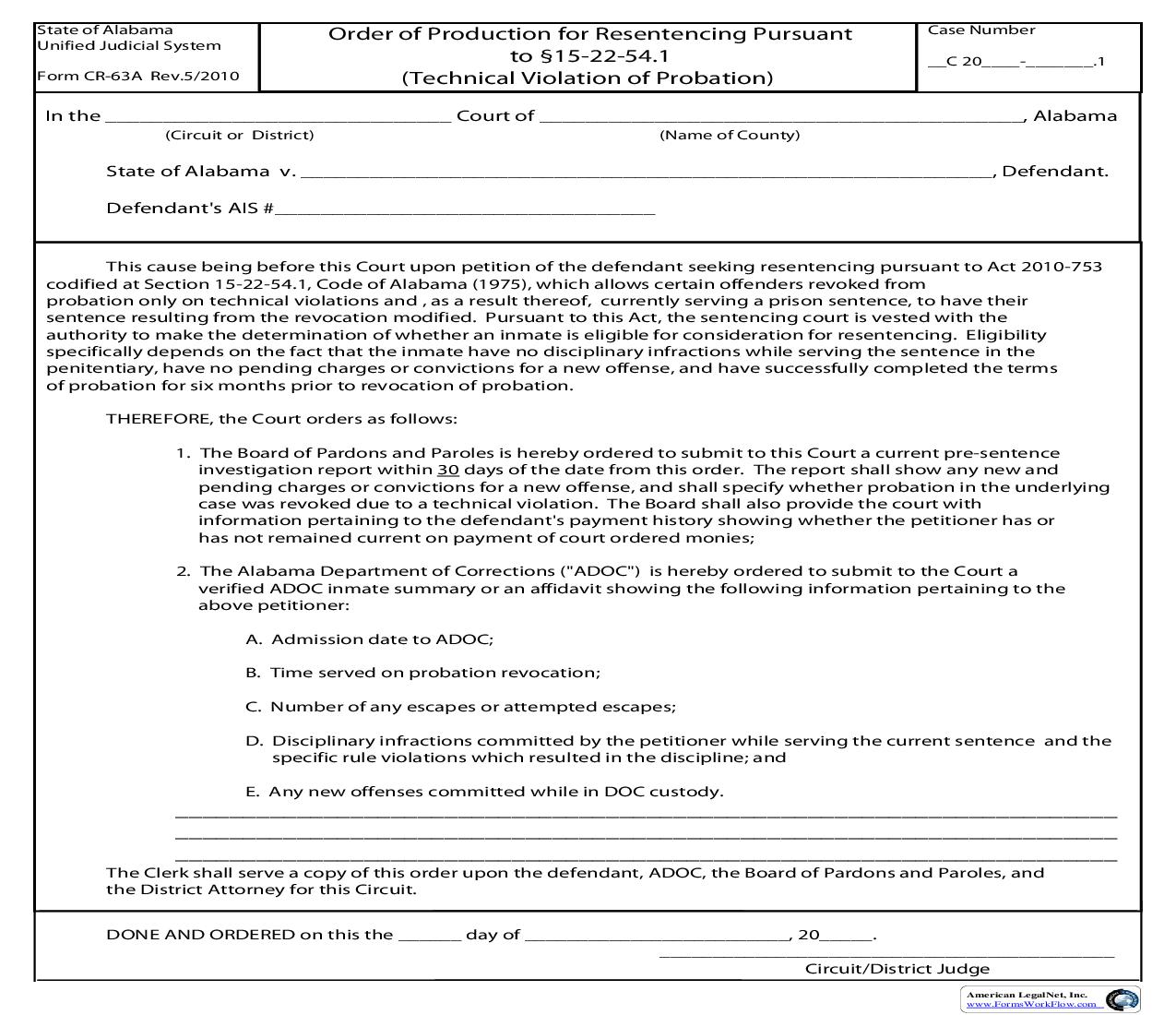 Order Of Production For Resentencing PursuantTo 15-22-54.1 {CR-63A} | Pdf Fpdf Doc Docx | Alabama