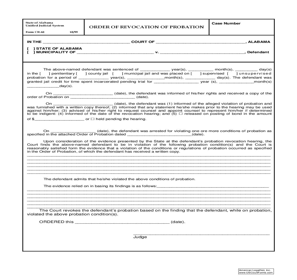 Order Of Revocation Of Probation {CR-62} | Pdf Fpdf Doc Docx | Alabama