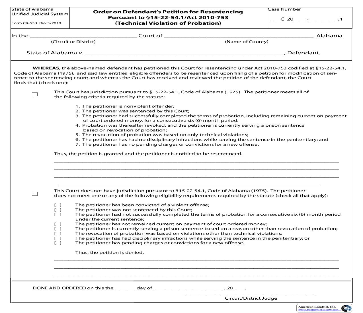 Order On Defendants Petition For Resentencing Pursuant To 15-22-54.1 {CR-63B} | Pdf Fpdf Doc Docx | Alabama