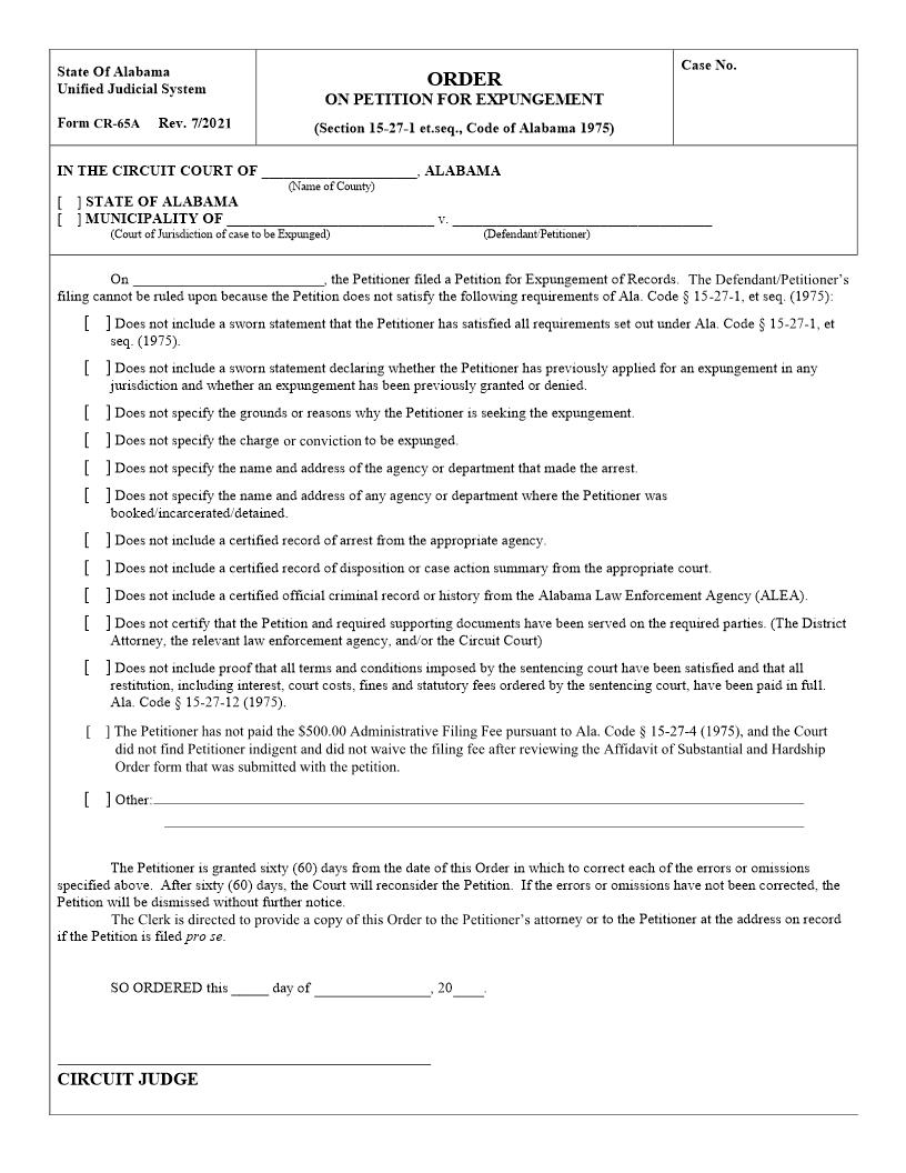 Order On Petition For Expungement {CR-65A} | Pdf Fpdf Docx | Alabama