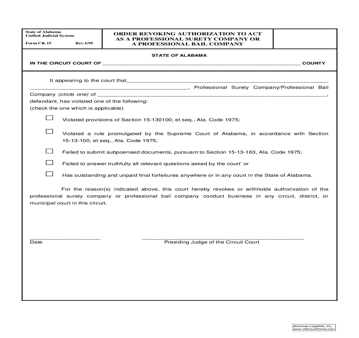Order Revoking Authorization To Act As A Professional Surety Company Or A Professional Bail Company {CR-15} | Pdf Fpdf Doc Docx | Alabama