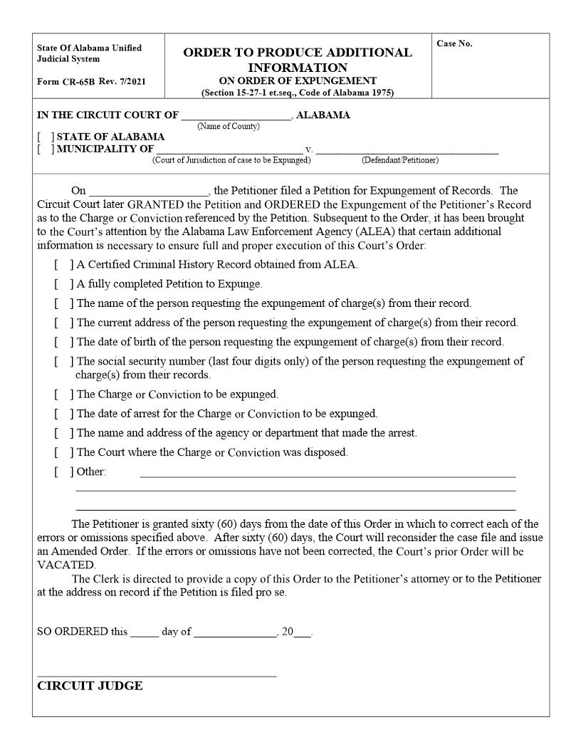 Order To Produce Additional Information On Order Of Expungement (CR-65B} | Pdf Fpdf Docx | Alabama