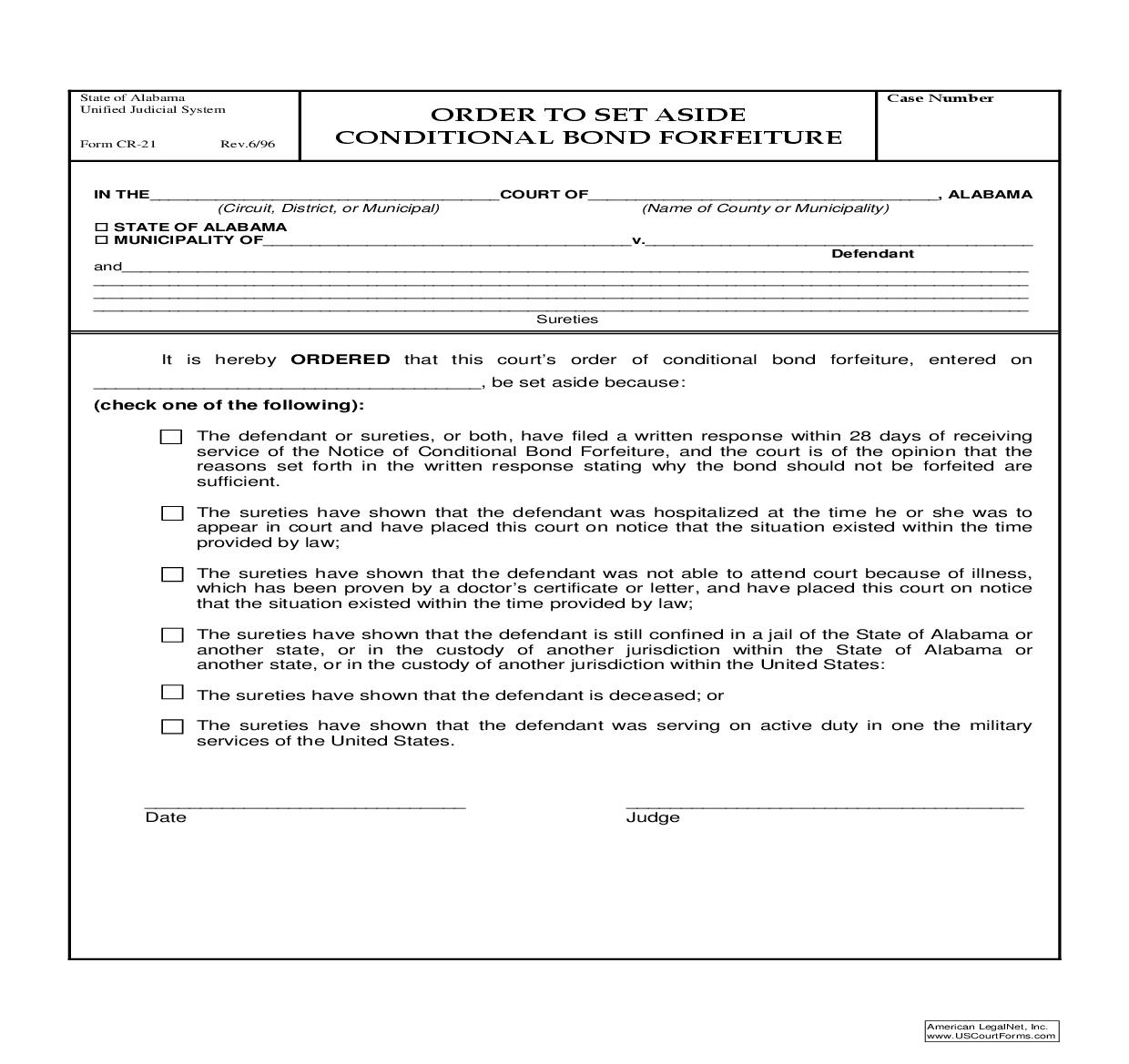 Order To Set Aside Conditional Bond Forfeiture {CR-21} | Pdf Fpdf Doc Docx | Alabama