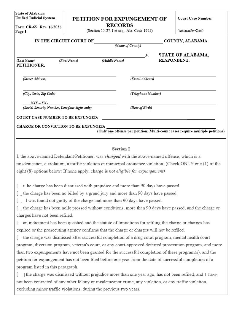 Petition For Expungement Of Records {CR-65} | Pdf Fpdf Docx | Alabama