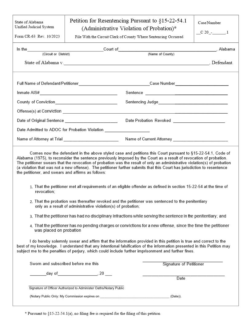 Petition For Resentencing Pursuant To {CR-63} | Pdf Fpdf Doc Docx | Alabama