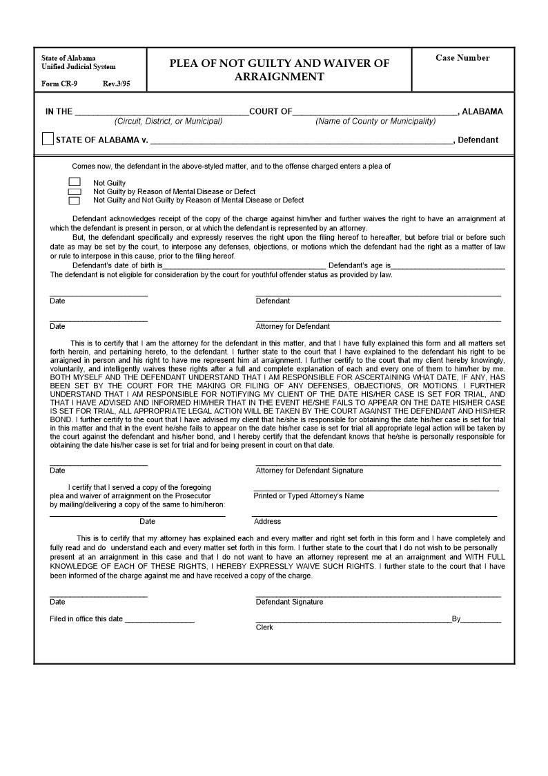 Plea Of Not Guilty And Waiver Of Arraignment {CR-09} | Pdf Fpdf Doc Docx | Alabama