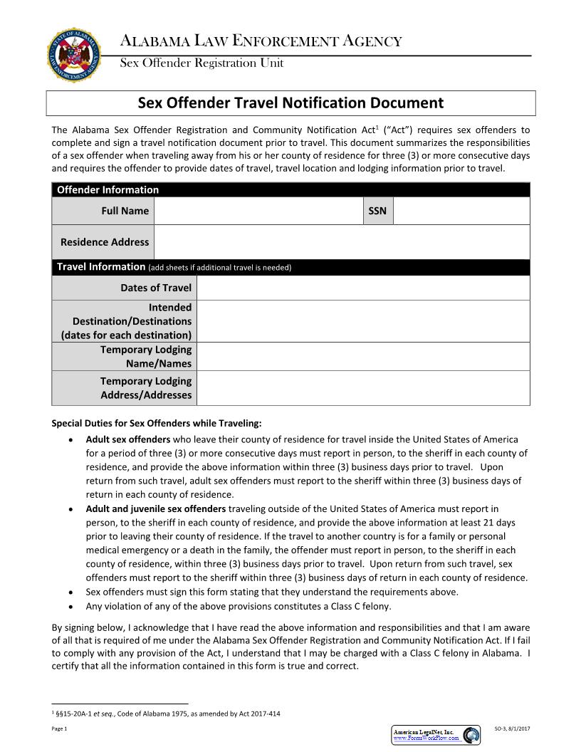 Sex Offender Travel Permit {SO-3} | Pdf Fpdf Docx | Alabama