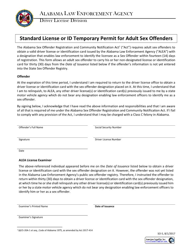 Standard License Or ID Temporary Permit for Adult Sex Offenders {SO-5} | Pdf Fpdf Docx | Alabama