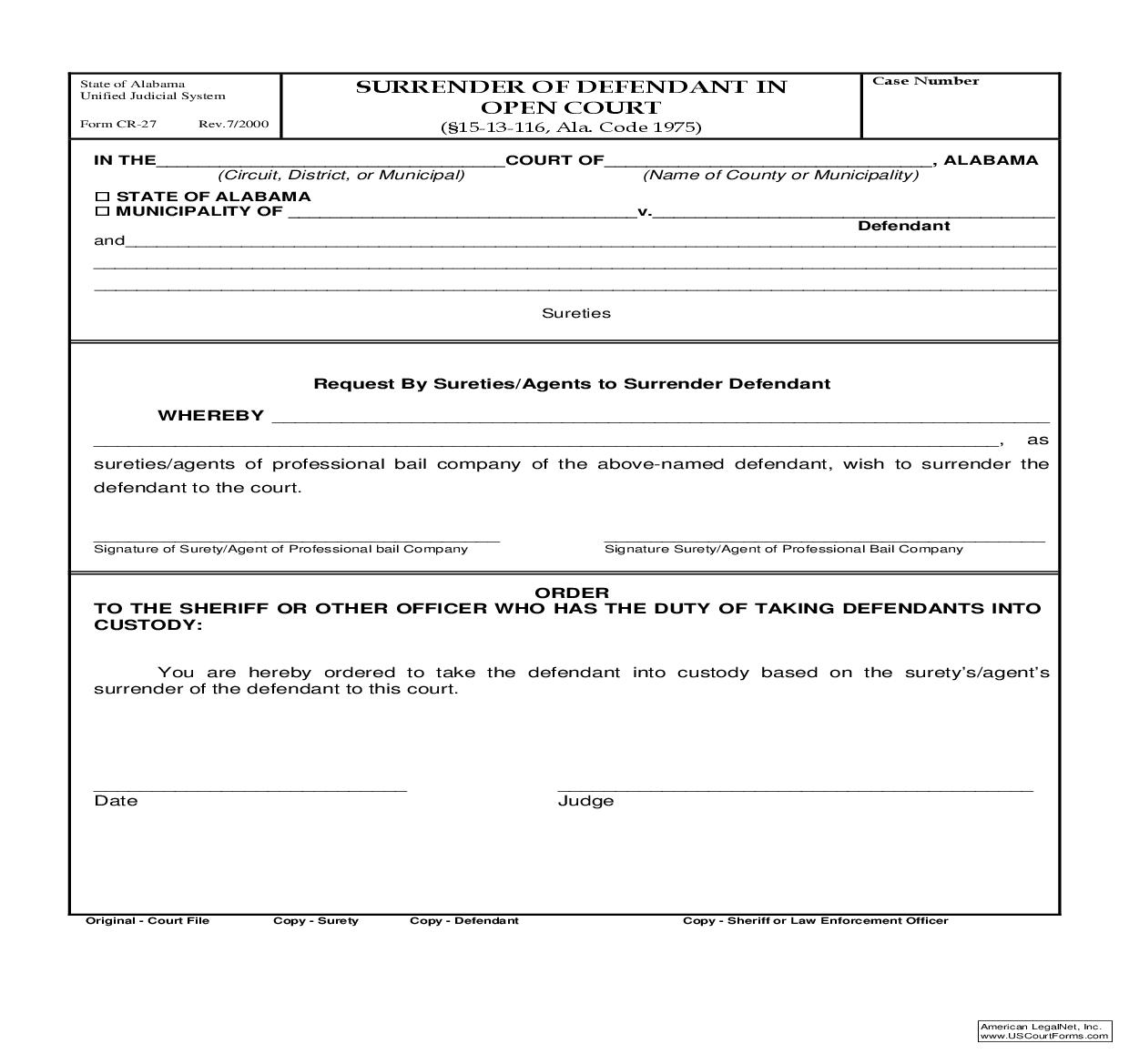 Surrender Of Defendant In Open Court {CR-27} | Pdf Fpdf Doc Docx | Alabama