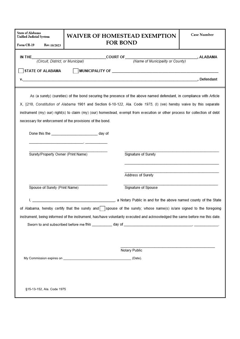 Waiver Of Homestead Exemption For Bond {CR-19} | Pdf Fpdf Doc Docx | Alabama