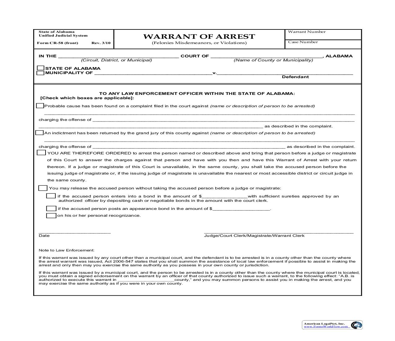 Warrant Of Arrest (Felonies Misdemeanors Or Violations) {CR-58} | Pdf Fpdf Doc Docx | Alabama