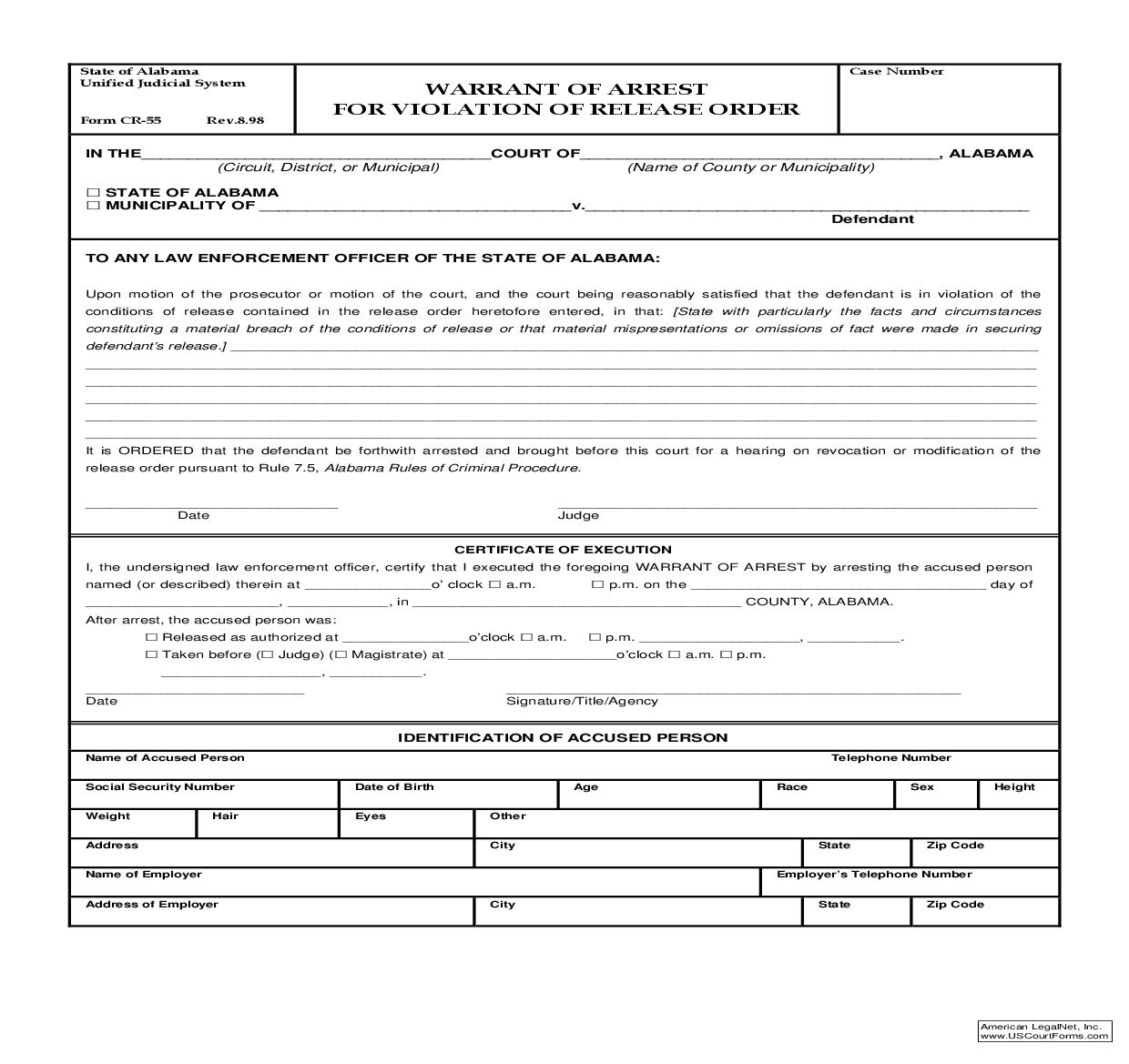 Warrant Of Arrest - For Violation Of Release Order {CR-55} | Pdf Fpdf Doc Docx | Alabama