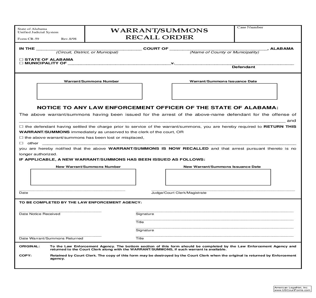 Warrant Or Summons Recall Order {CR-59} | Pdf Fpdf Doc Docx | Alabama
