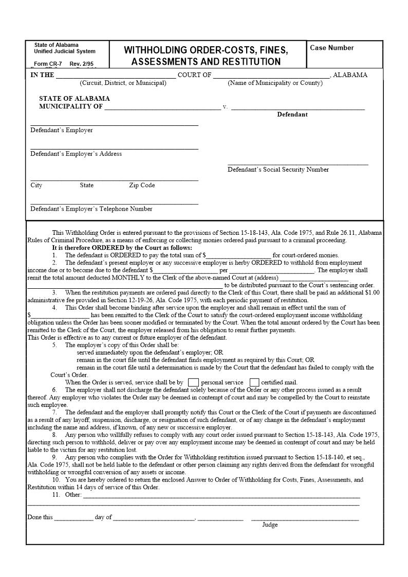 Withholding Order-Costs Fines Assessments And Restitution {CR-07} | Pdf Fpdf Doc Docx | Alabama