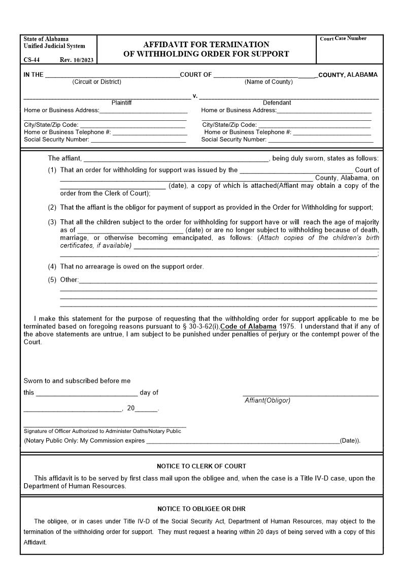 Affidavit For Termination Of Withhlding Order For Support {CS-44} | Pdf Fpdf Doc Docx | Alabama