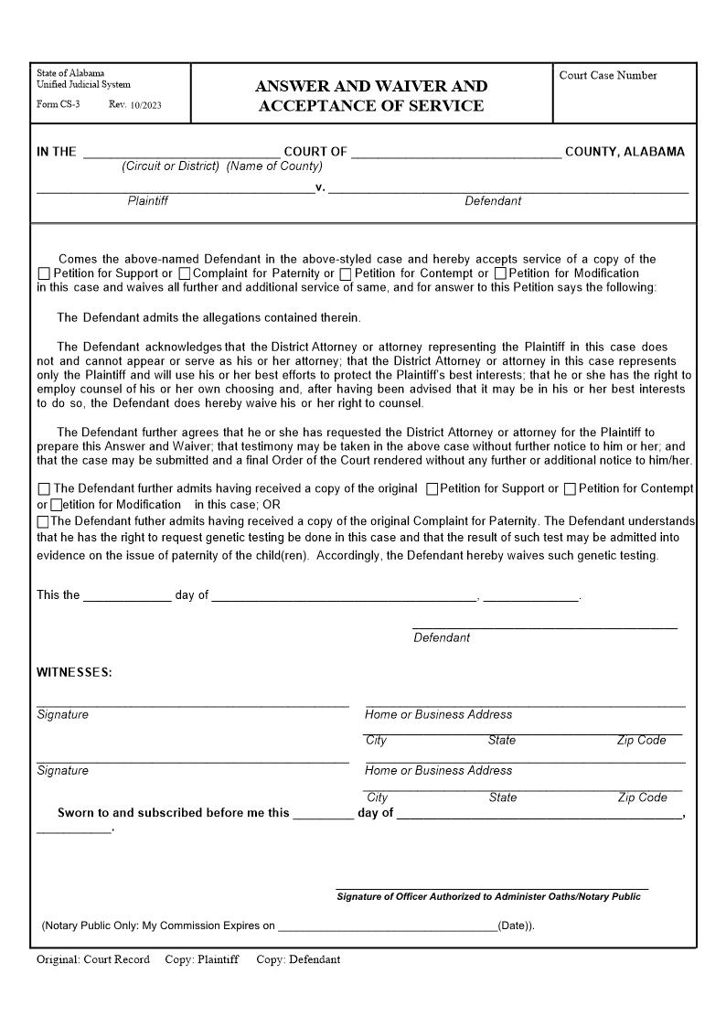 Answer And Waiver And Acceptance Of Service {CS-3} | Pdf Fpdf Doc Docx | Alabama