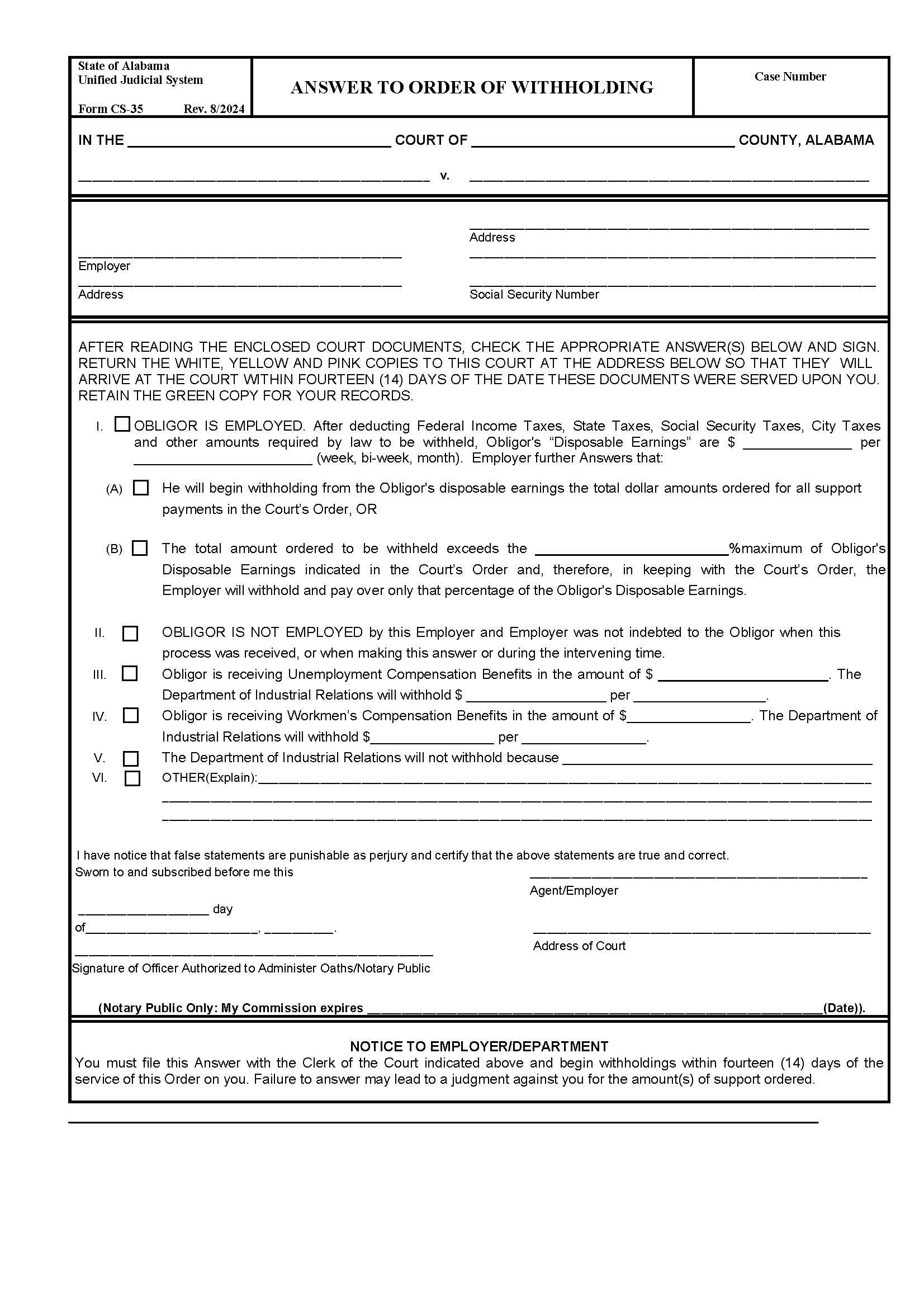 Answer To Order Of Withholding {CS-35} | Pdf Fpdf Doc Docx | Alabama