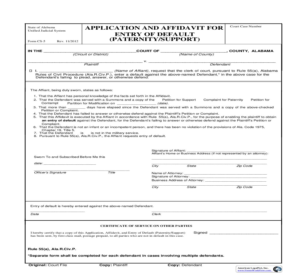 Application And Affidavit For Entry Of Default {CS-5} | Pdf Fpdf Doc Docx | Alabama